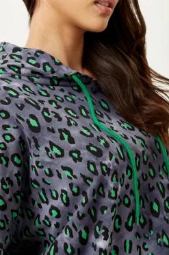 Women's Green Animal Print Hoodie Sweatshirt in Grey with Long Sleeves, Drop Shoulders, and Relaxed Fit