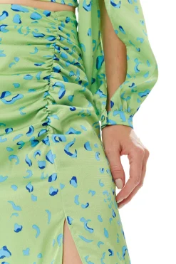Women's Green Animal Print Maxi Skirt with Gathered Detail and Front Slit - Liquorish