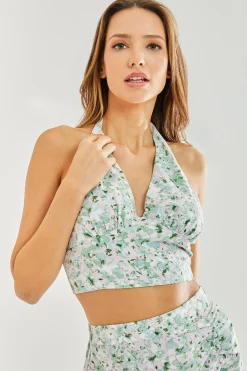 Women's Green Floral Halterneck Crop Top - Co-ord Set, Open Back, Regular Fit, Perfect for Summer