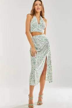 Women's Green Floral Halterneck Crop Top - Co-ord Set, Open Back, Regular Fit, Perfect for Summer