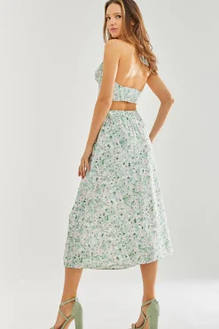 Women's Green Floral Halterneck Crop Top - Co-ord Set, Open Back, Regular Fit, Perfect for Summer