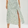 Women's Green Floral Midi Skirt with Front Slit - Perfect for Summer Holidays, Regular Fit - Liquorish