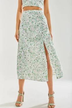 Women's Green Floral Midi Skirt with Front Slit - Perfect for Summer Holidays, Regular Fit - Liquorish
