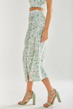 Women's Green Floral Midi Skirt with Front Slit - Perfect for Summer Holidays, Regular Fit - Liquorish