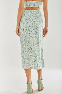 Women's Green Floral Midi Skirt with Front Slit - Perfect for Summer Holidays, Regular Fit - Liquorish