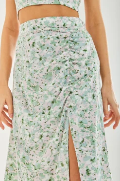 Women's Green Floral Midi Skirt with Front Slit - Perfect for Summer Holidays, Regular Fit - Liquorish