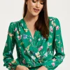 Women's Green Floral Print Long Sleeve Wrap Top with Crossover V Neck and Elasticated Waist