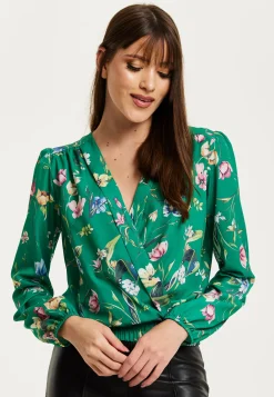 Women's Green Floral Print Long Sleeve Wrap Top with Crossover V Neck and Elasticated Waist