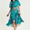 Women's Green Floral Print Midi Wrap Skirt with Frill Details and Elasticated Waist - Liquorish