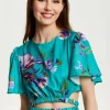 Women's Green Floral Print Crop Top with Tie Waist, Short Sleeves, Crop Fit, Model wears UK 8/ EU 36/ US 4.