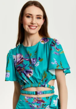 Women's Green Floral Print Crop Top with Tie Waist, Short Sleeves, Crop Fit, Model wears UK 8/ EU 36/ US 4.