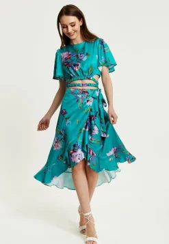Women's Green Floral Print Midi Wrap Skirt with Frill Details and Elasticated Waist - Liquorish