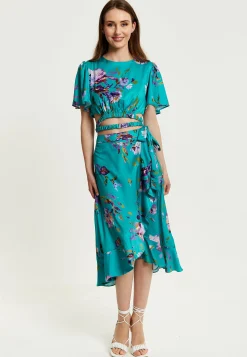 Women's Green Floral Print Midi Wrap Skirt with Frill Details and Elasticated Waist - Liquorish