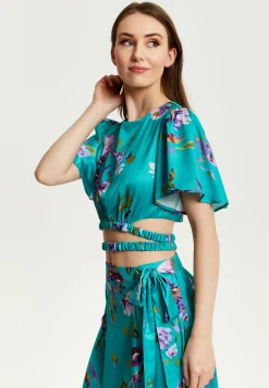 Women's Green Floral Print Crop Top with Tie Waist, Short Sleeves, Crop Fit, Model wears UK 8/ EU 36/ US 4.