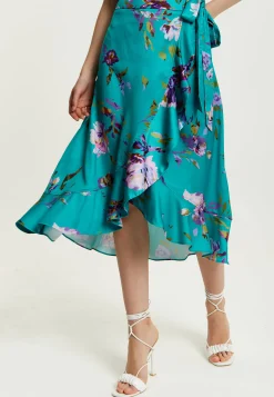 Women's Green Floral Print Midi Wrap Skirt with Frill Details and Elasticated Waist - Liquorish