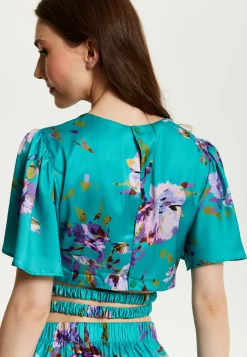 Women's Green Floral Print Crop Top with Tie Waist, Short Sleeves, Crop Fit, Model wears UK 8/ EU 36/ US 4.