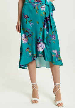 Women's Green Floral Print Midi Wrap Skirt with Frill Details and Elasticated Waist - Liquorish