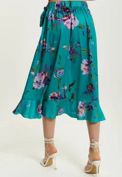 Women's Green Floral Print Midi Wrap Skirt with Frill Details and Elasticated Waist - Liquorish