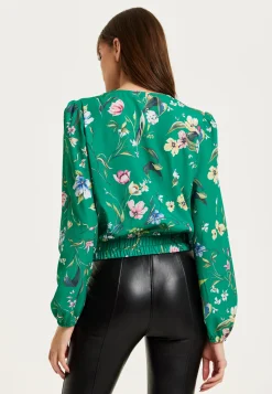 Women's Green Floral Print Long Sleeve Wrap Top with Crossover V Neck and Elasticated Waist