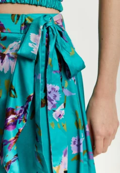 Women's Green Floral Print Midi Wrap Skirt with Frill Details and Elasticated Waist - Liquorish