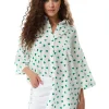 Women's Green Heart Print Shirt in White - Oversized, Short Sleeves, Button Up, Heart Shaped Buttons, Collar Detail.
