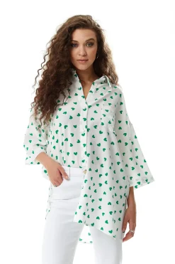 Women's Green Heart Print Shirt in White - Oversized, Short Sleeves, Button Up, Heart Shaped Buttons, Collar Detail.
