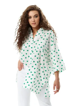 Women's Green Heart Print Shirt in White - Oversized, Short Sleeves, Button Up, Heart Shaped Buttons, Collar Detail.
