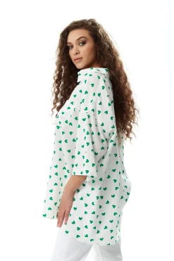 Women's Green Heart Print Shirt in White - Oversized, Short Sleeves, Button Up, Heart Shaped Buttons, Collar Detail.