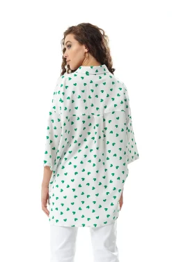 Women's Green Heart Print Shirt in White - Oversized, Short Sleeves, Button Up, Heart Shaped Buttons, Collar Detail.