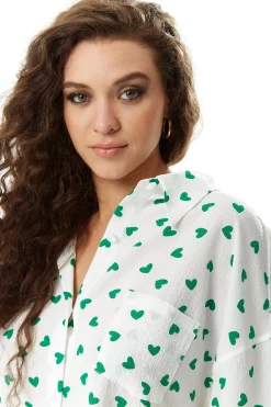 Women's Green Heart Print Shirt in White - Oversized, Short Sleeves, Button Up, Heart Shaped Buttons, Collar Detail.