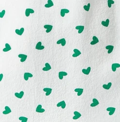 Women's Green Heart Print Shirt in White - Oversized, Short Sleeves, Button Up, Heart Shaped Buttons, Collar Detail.