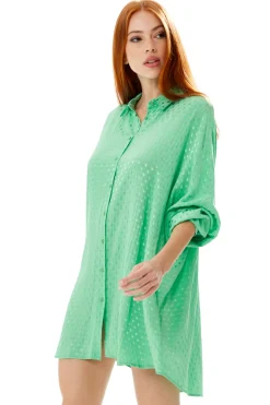 Women's Green Jacquard Long Sleeve Oversized Button-Up Shirt with Collar and Loose Fit for a Chic Look