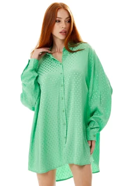 Women's Green Jacquard Long Sleeve Oversized Button-Up Shirt with Collar and Loose Fit for a Chic Look