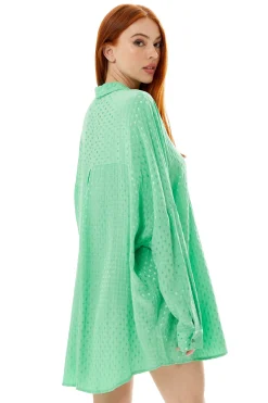 Women's Green Jacquard Long Sleeve Oversized Button-Up Shirt with Collar and Loose Fit for a Chic Look