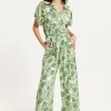 Women's Green Leaf Printed Loose Fit Jumpsuit with Tie Waist and Pocket Details - Liquorish