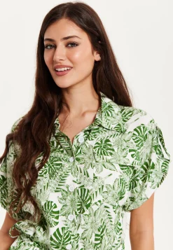 Women's Green Leaf Printed Loose Fit Jumpsuit with Tie Waist and Pocket Details - Liquorish