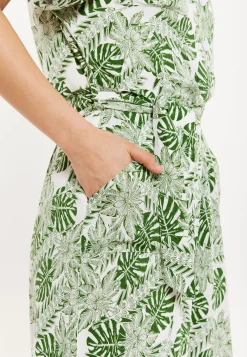 Women's Green Leaf Printed Loose Fit Jumpsuit with Tie Waist and Pocket Details - Liquorish