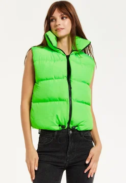 Women's Green Puffer Vest with Drawstring Hem - Cozy Zip-Up, High Collar, Adjustable Fit, Perfect for Layering.