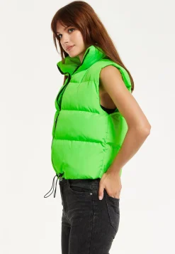 Women's Green Puffer Vest with Drawstring Hem - Cozy Zip-Up, High Collar, Adjustable Fit, Perfect for Layering.