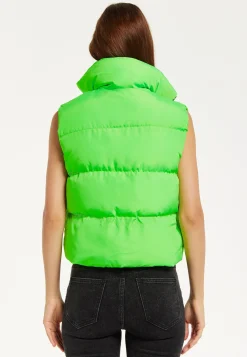 Women's Green Puffer Vest with Drawstring Hem - Cozy Zip-Up, High Collar, Adjustable Fit, Perfect for Layering.