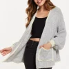 Women's Grey Chunky Knit Cardigan with Pockets, Open-Front Design and Contrast Trim, Liquorish