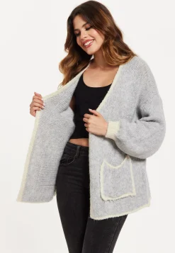 Women's Grey Chunky Knit Cardigan with Pockets, Open-Front Design and Contrast Trim, Liquorish