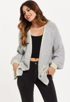 Women's Grey Chunky Knit Cardigan with Pockets, Open-Front Design and Contrast Trim, Liquorish