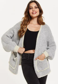 Women's Grey Chunky Knit Cardigan with Pockets, Open-Front Design and Contrast Trim, Liquorish
