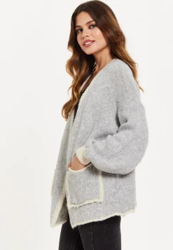 Women's Grey Chunky Knit Cardigan with Pockets, Open-Front Design and Contrast Trim, Liquorish