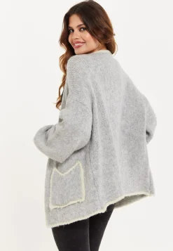 Women's Grey Chunky Knit Cardigan with Pockets, Open-Front Design and Contrast Trim, Liquorish
