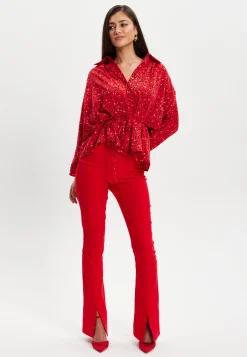 Women’s Heart Print Shirt with Long Sleeves, Tie Waist, Shirt Collar, Regular Fit, Button Up Front