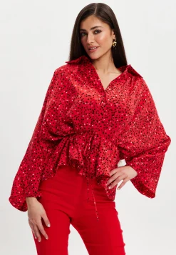 Women’s Heart Print Shirt with Long Sleeves, Tie Waist, Shirt Collar, Regular Fit, Button Up Front