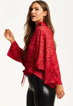 Women’s Heart Print Shirt with Long Sleeves, Tie Waist, Shirt Collar, Regular Fit, Button Up Front