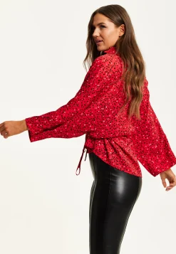 Women’s Heart Print Shirt with Long Sleeves, Tie Waist, Shirt Collar, Regular Fit, Button Up Front